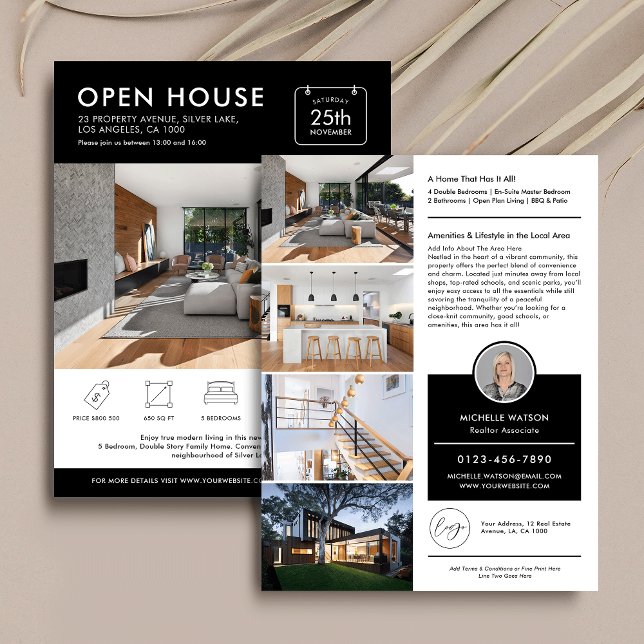 Minimal Open House For Sale Marketing Real Estate Flyer (Minimalist open house property flyer with photos, your logo and custom text)