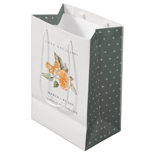 Minimal Orange Botanical Boho Love Thanks Wedding Medium Gift Bag (Front Angled)