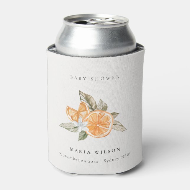Minimal Orange Botanical Leafy Boho Baby Shower Can Cooler (Can Front)