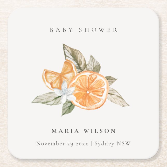 Minimal Orange Botanical Leafy Boho Baby Shower Square Paper Coaster (Front)