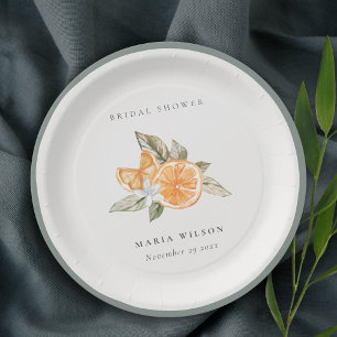 Minimal Orange Botanical Leafy Boho Bridal Shower Paper Plate