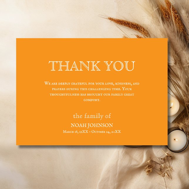 Minimal Orange Traditional Funeral Sympathy Thank You Card (Creator Uploaded)