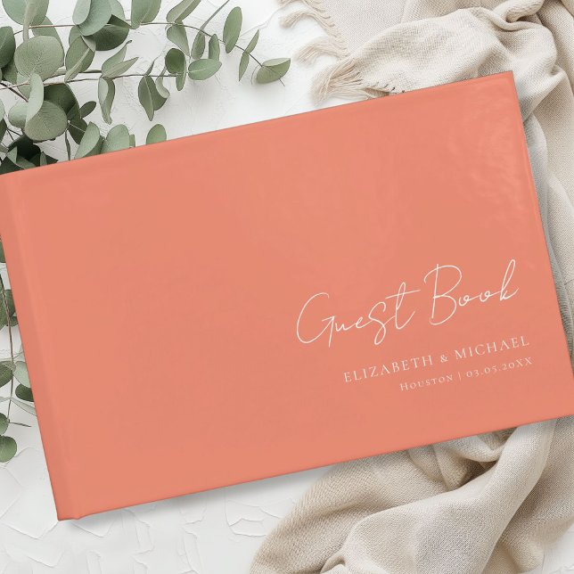 Minimal, OrangeHandwriting Script Wedding  Guest Book (Minimal, Orange Handwriting Script Wedding Guest Book with your name and date.)