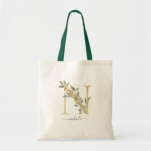 Minimal Organic Greenery Gold Monogram Letter "N" Tote Bag (Front)