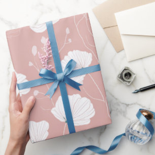 Minimal Pale Pink Flower White Floral Pattern Wrapping Paper