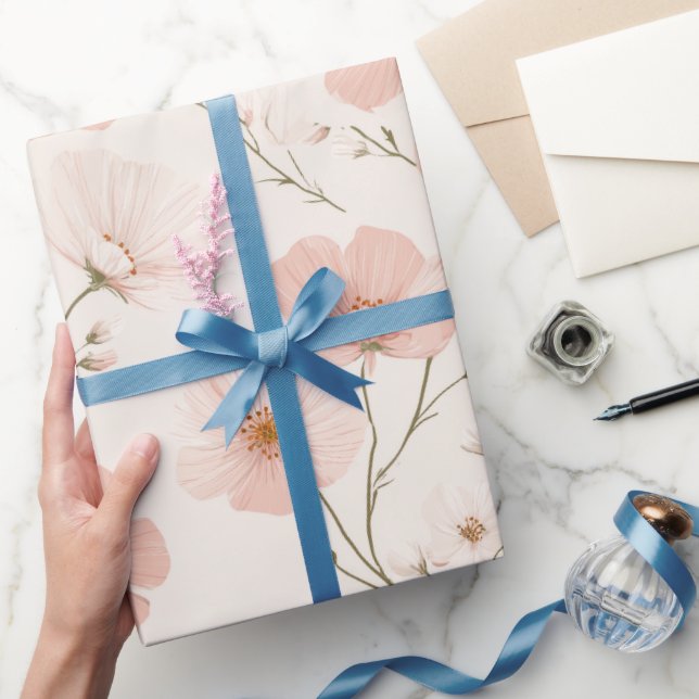 Minimal Pale Pink Flower White Floral Pattern Wrapping Paper (Gifting)