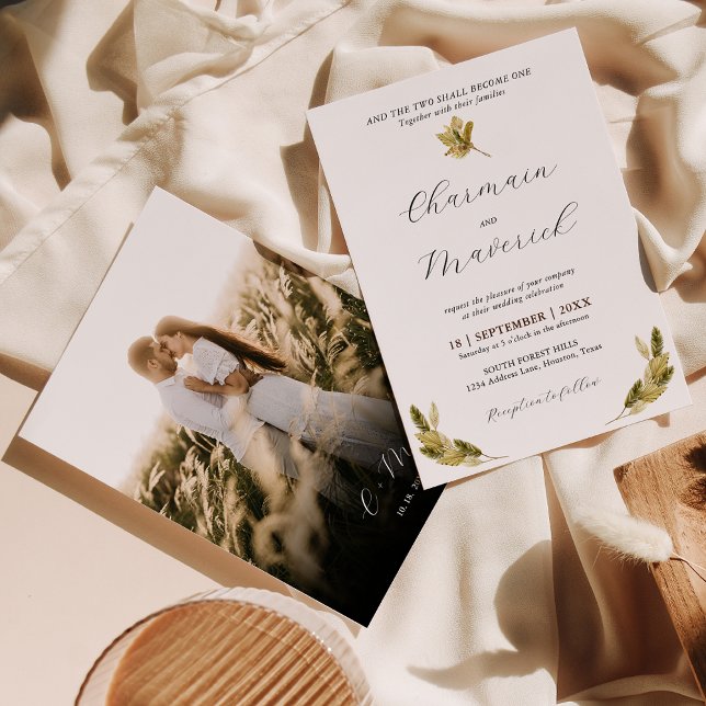 Minimal Palm Leaf Monogram Photo Wedding Invitation (Creator Uploaded)