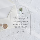 Minimal Palm Tree Monogram Wedding Acrylic Invitations<br><div class="desc">Tropical wedding invitations featuring your monogram initials separated by a single palm tree illustration at the top of the invite with a frosted or transparent acrylic background. Personalise the monogram palm tree wedding invites with your names and wedding details in black lettering with a modern hand-lettered script accenting the design....</div>