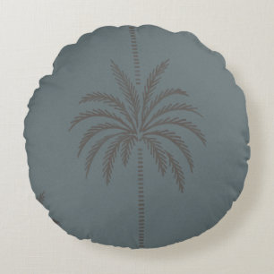 Minimal Palm Tree Pattern Blue Grey Tropical Round Cushion