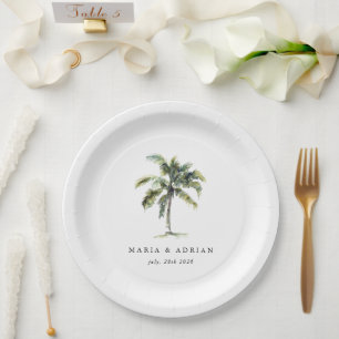 Minimal Palm Tree Tropical Beach Wedding Paper Plate