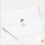 Minimal Palm Tree Tropical Beach Wedding Square Sticker<br><div class="desc">Minimal tropical palm tree wedding stickers,  featuring a single watercolor palm tree illustration at the top on a classic white background. Personalise the palm tree wedding stickers with name/s and date.</div>