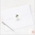 Minimal Palm Tree Tropical Beach Wedding Square Sticker<br><div class="desc">Minimal tropical palm tree wedding stickers,  featuring a single watercolor palm tree illustration at the top on a classic white background. Personalise the palm tree wedding stickers with name/s and date.</div>
