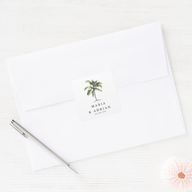 Minimal Palm Tree Tropical Beach Wedding Square Sticker (Envelope)