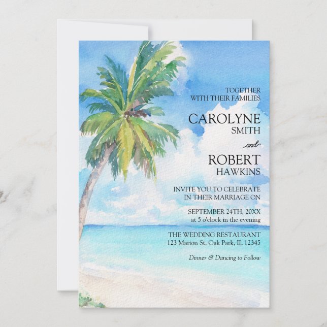Minimal Palm Tree Tropical Sea All In One Wedding Invitation (Front)