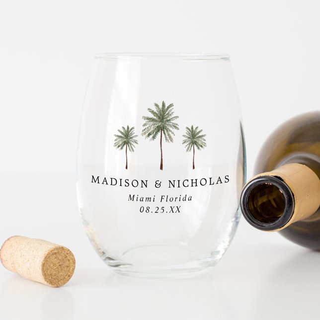 Minimal Palm Trees Wedding Stemless Wine Glass (Creator Uploaded)