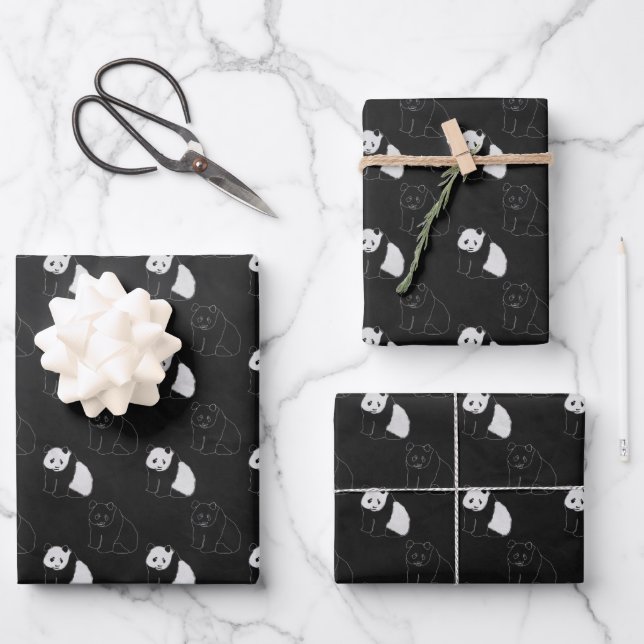 Minimal Panda Wrapping Paper Flat Sheet Set of 3 (Front)