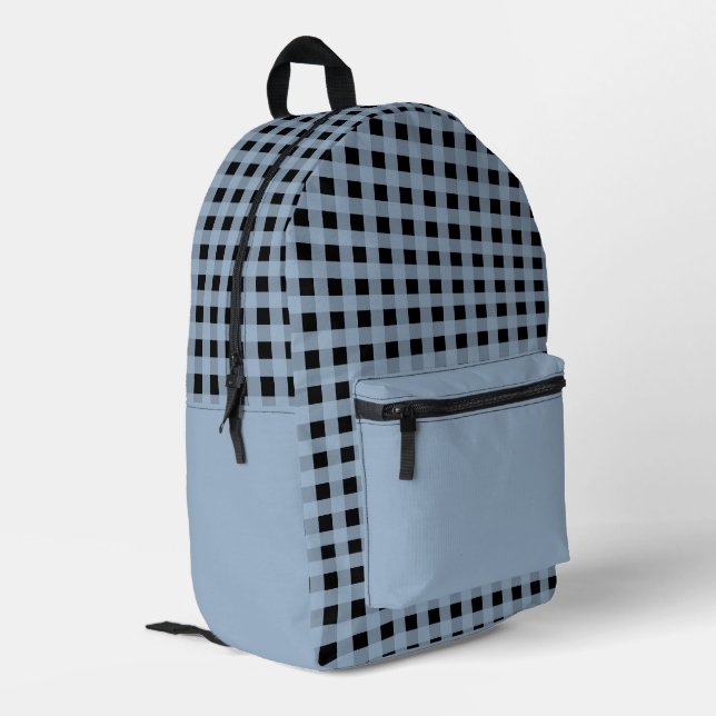 Minimal Pastel Blue and Black Plaid Pattern Printed Backpack (Back Corner Left)