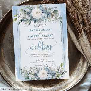 Minimal Pastel Blue White Silver Peonies Wedding  Invitation