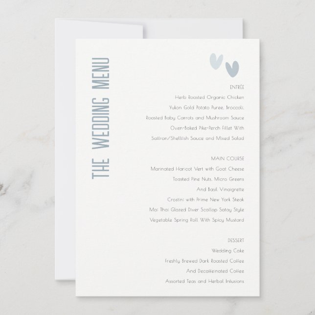 Minimal Pastel Dusky Blue Hearts Wedding Menu Card (Front)