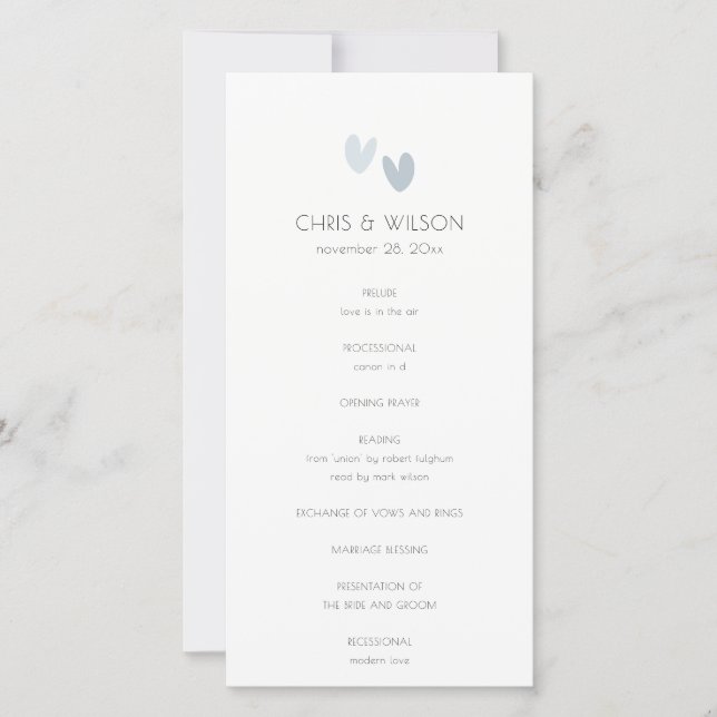 Minimal  Pastel Dusky Blue Hearts Wedding Program (Front)