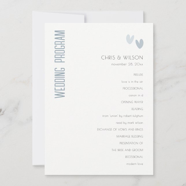 Minimal  Pastel Dusky Blue Hearts Wedding Program (Front)