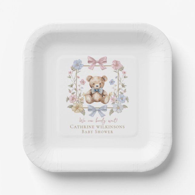 Minimal Pastel Floral Teddy Bear Baby Shower  Paper Plate (Front)