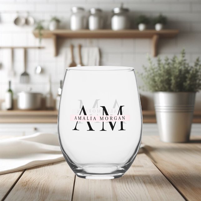 Minimal Pastel Pink Initial & Personalised  Stemless Wine Glass (Creator Uploaded)