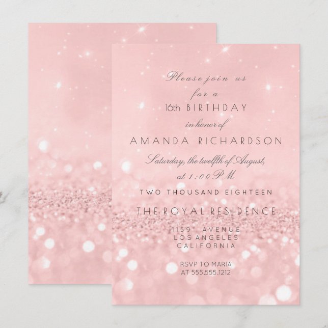 Minimal Pastel Pink Rose Gold  Birthday Glitter Invitation (Front/Back)