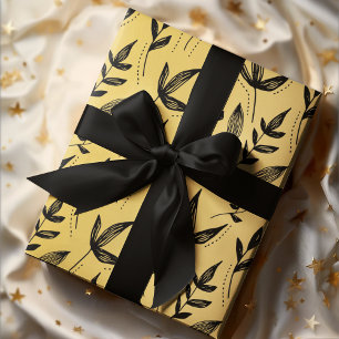 Minimal Pattern Leaf Black & Gold  Wrapping Paper