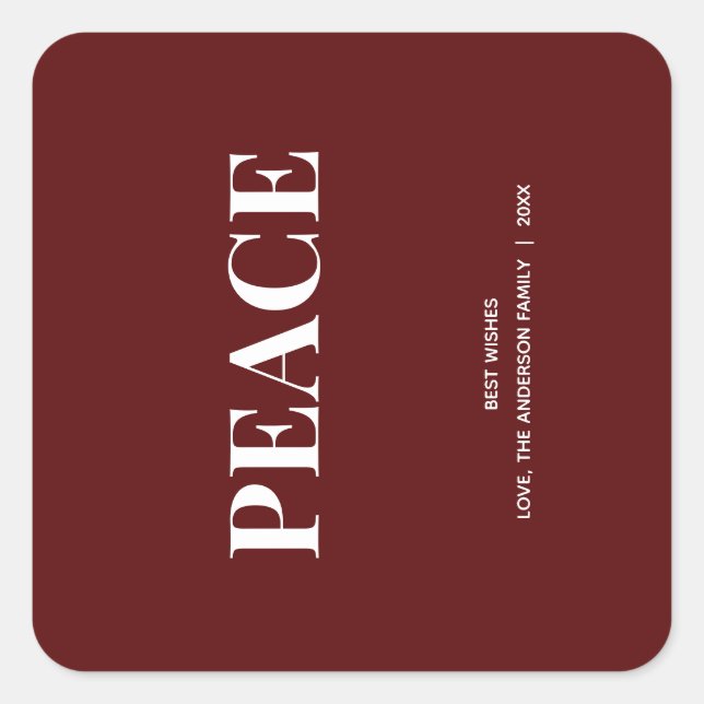 Minimal PEACE | Deep Red Holiday Square Sticker (Front)