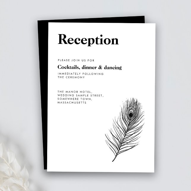 Minimal Peacock Feather Black Wedding Reception Enclosure Card (Creator Uploaded)