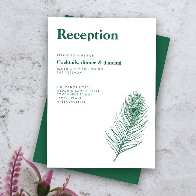 Minimal Peacock Feather Green Wedding Reception Enclosure Card (Creator Uploaded)