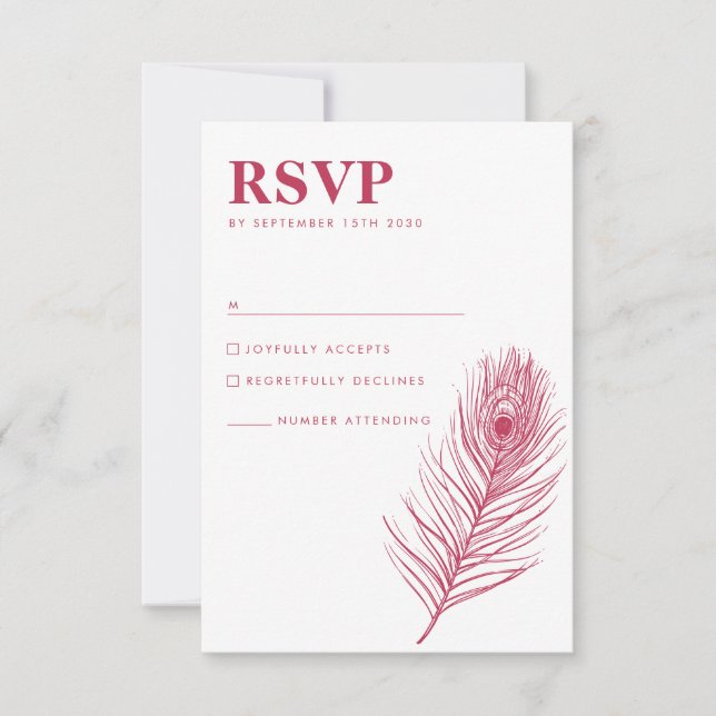 Minimal Peacock Feather Magenta Wedding RSVP Card (Front)