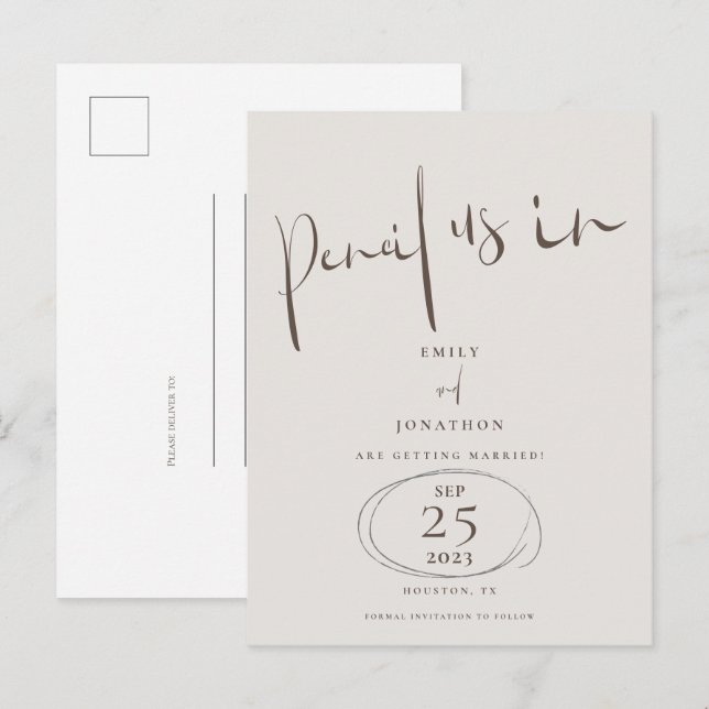 Minimal Pencil Us In Brown Cream Save The Date Announcement Postcard (Front/Back)