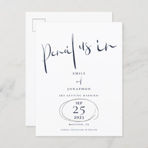 Minimal Pencil Us In Script Navy Save The Date Announcement Postcard