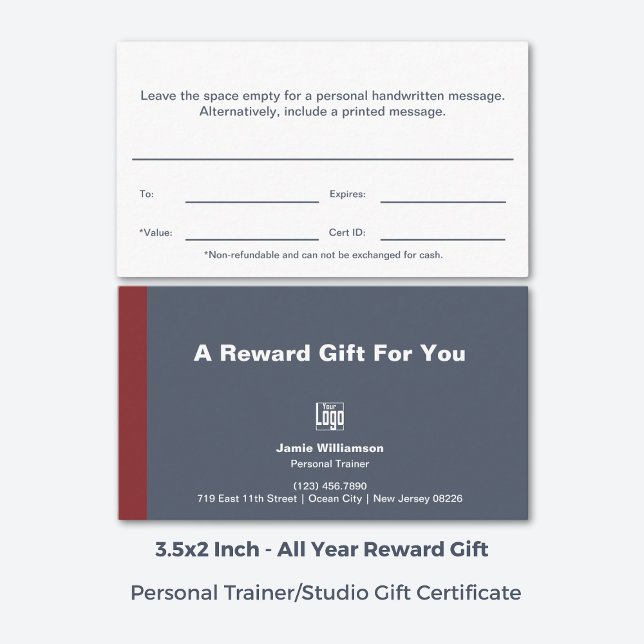 Minimal Personal Trainer Reward Gift Certificate (3.5x2 Inch, Minimal Personal Trainer Reward Gift Certificate, Grey, White, Red)