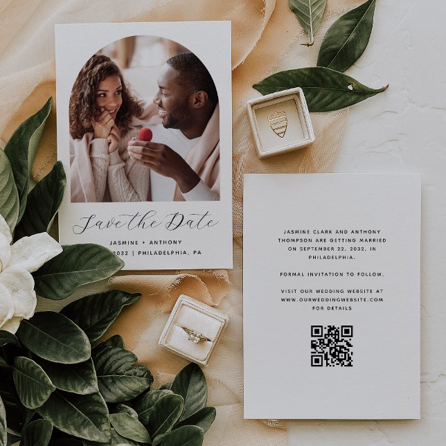 Minimal Photo Arch Script QR Code Black and White Save The Date (Creator Uploaded)