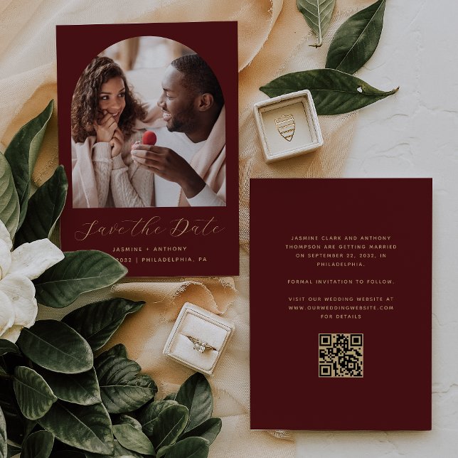 Minimal Photo Arch Script QR Code Burgundy Gold Save The Date (Creator Uploaded)