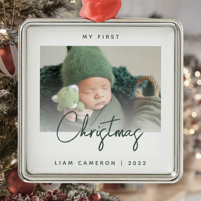 Minimal Photo Baby's First Christmas Green Script Metal Ornament (Creator Uploaded)