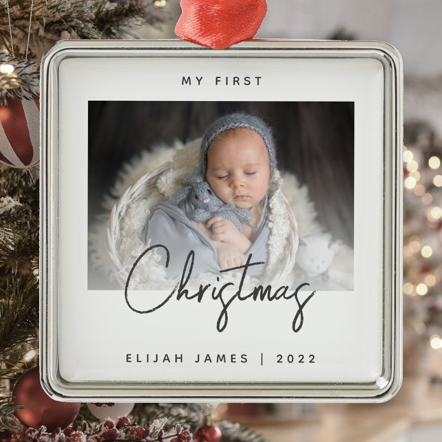 Minimal Photo Baby's First Christmas Grey Script Metal Ornament (Creator Uploaded)