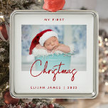 Minimal Photo Baby's First Christmas Red Script Metal Ornament<br><div class="desc">Celebrate baby's first Christmas with this modern minimalist photo keepsake ornament. The red text reads "My first Christmas, " with the word "Christmas" in trendy handwriting script. Easily replace the sample image with your favorite photo, and add baby's name and the year below. A white gradient screen helps make the...</div>