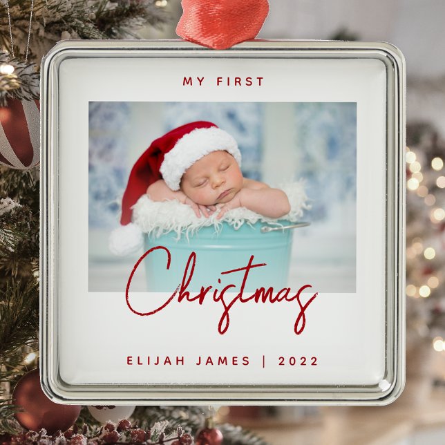 Minimal Photo Baby's First Christmas Red Script Metal Ornament (Creator Uploaded)