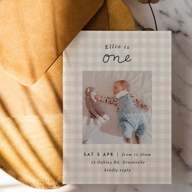 Minimal Photo Beige Gingham 1st Birthday Invite (Creator Uploaded)