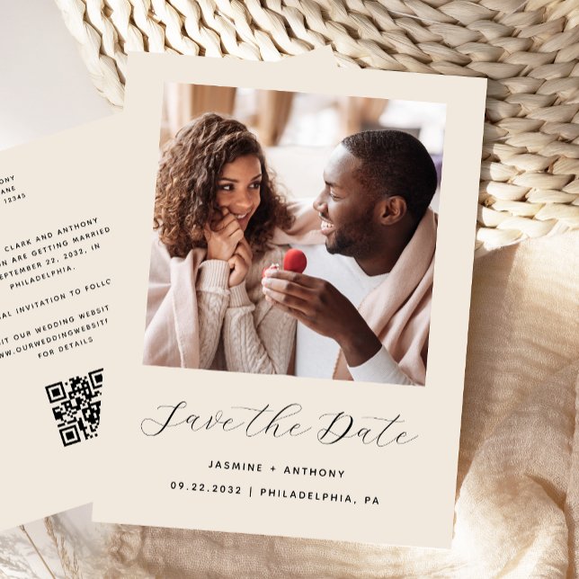 Minimal Photo Beige QR Code Save the Date Announcement Postcard (Creator Uploaded)