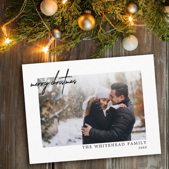 Minimal Photo Black Merry Christmas White Holiday Card (Creator Uploaded)