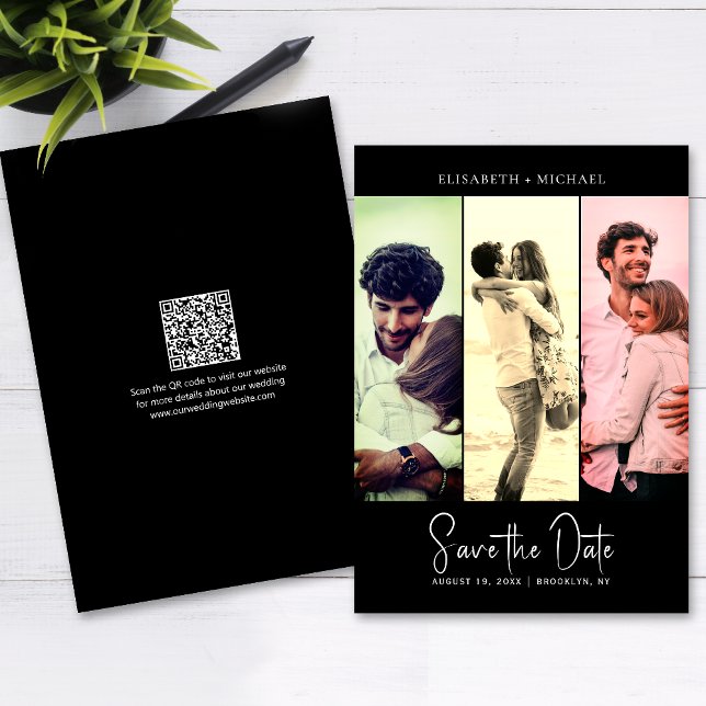 Minimal Photo Black Retro QR Code Save The Date  Invitation (The QR code makes it easy for guests to visit your website for more details about your wedding.)