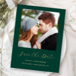Minimal Photo Emerald Green Gold Save the Date Announcement Postcard<br><div class="desc">This simple, minimalist Save the Date postcard features a square photo above the words "Save the Date" in elegant gold-coloured handwriting script, followed by the couple's names, wedding date and city in sans serif font on an emerald green background. Add a more detailed message with additional information on the reverse,...</div>
