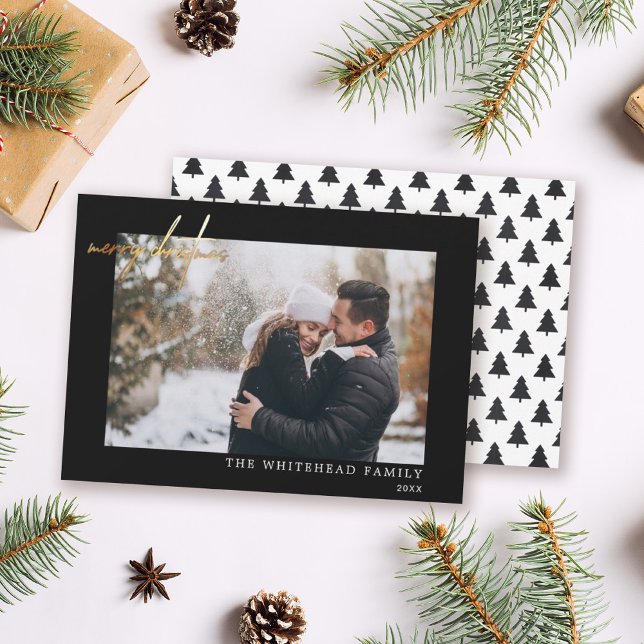 Minimal Photo Gold Merry Christmas Black Holiday Card (Creator Uploaded)