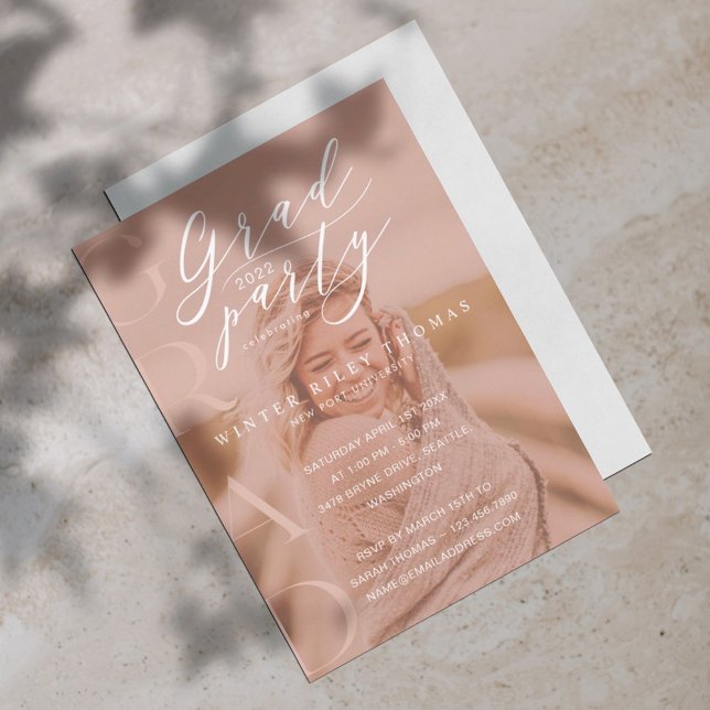 Minimal Photo Grad Party Modern Calligraphy Pink Invitation (Creator Uploaded)