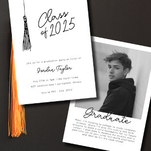 Minimal Photo Graduation Party Tassel Black White Invitation